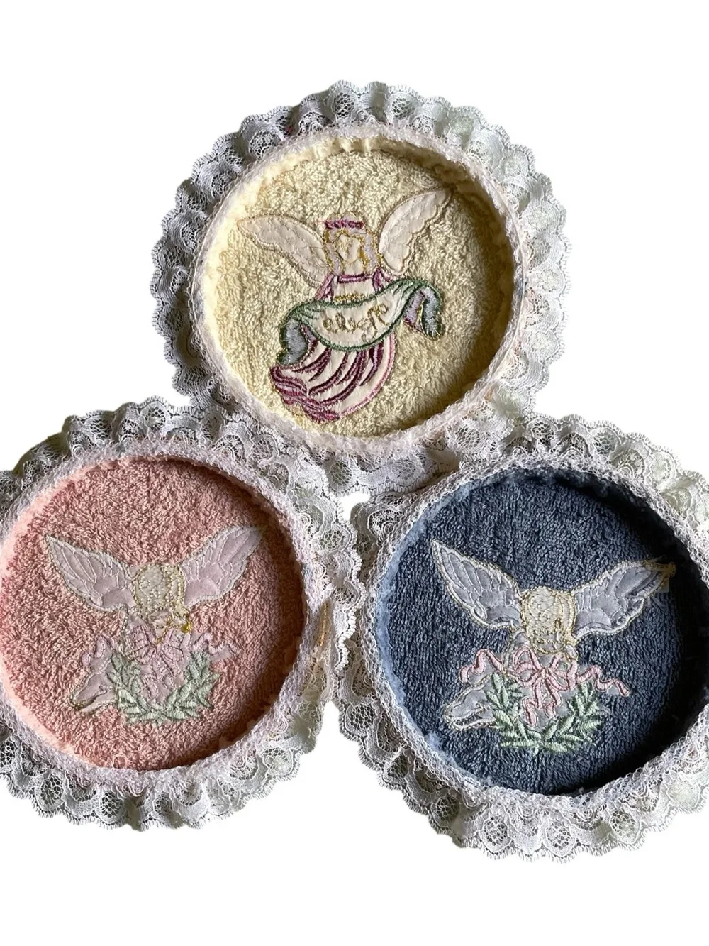 Vintage Angel Embroidered Wall Hanging Set Of 3 Lace Trim Handmade Decor